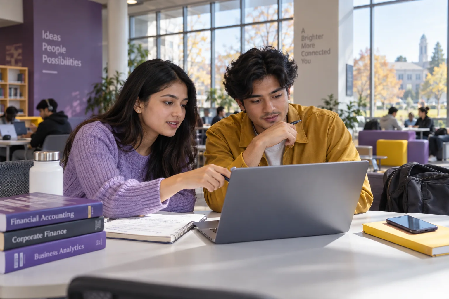 Two Nepali students, one woman and one man comparing US university courses and intake options using a laptop and notebook