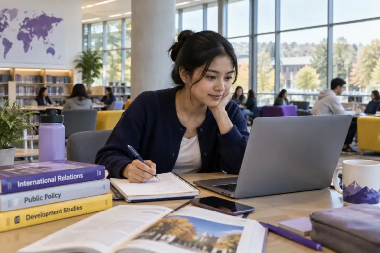 Young Nepali woman with tied-back hair comparing US university courses and intake options using a laptop and notebook