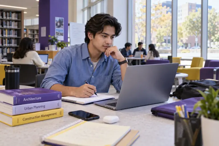 Young Nepali man with swept-back hair comparing US university courses and intake options using a laptop and notebook