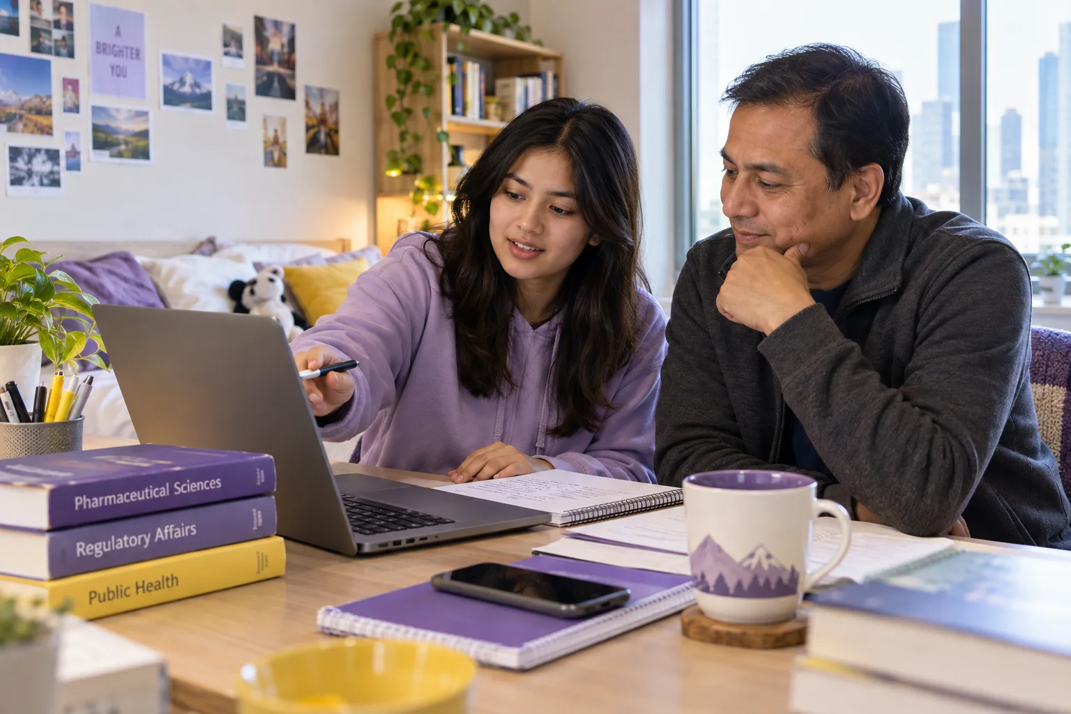 Nepali student discussing plans with a parent comparing US university courses and intake options using a laptop and notebook