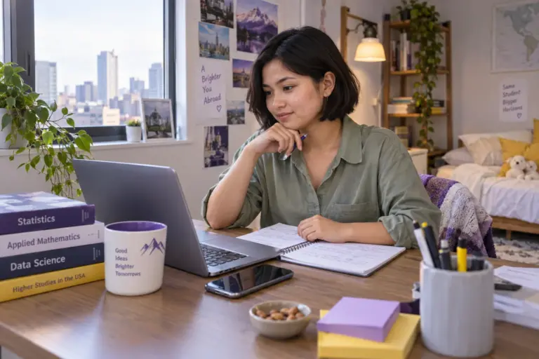 Young Nepali woman with a short bob comparing US university courses and intake options using a laptop and notebook