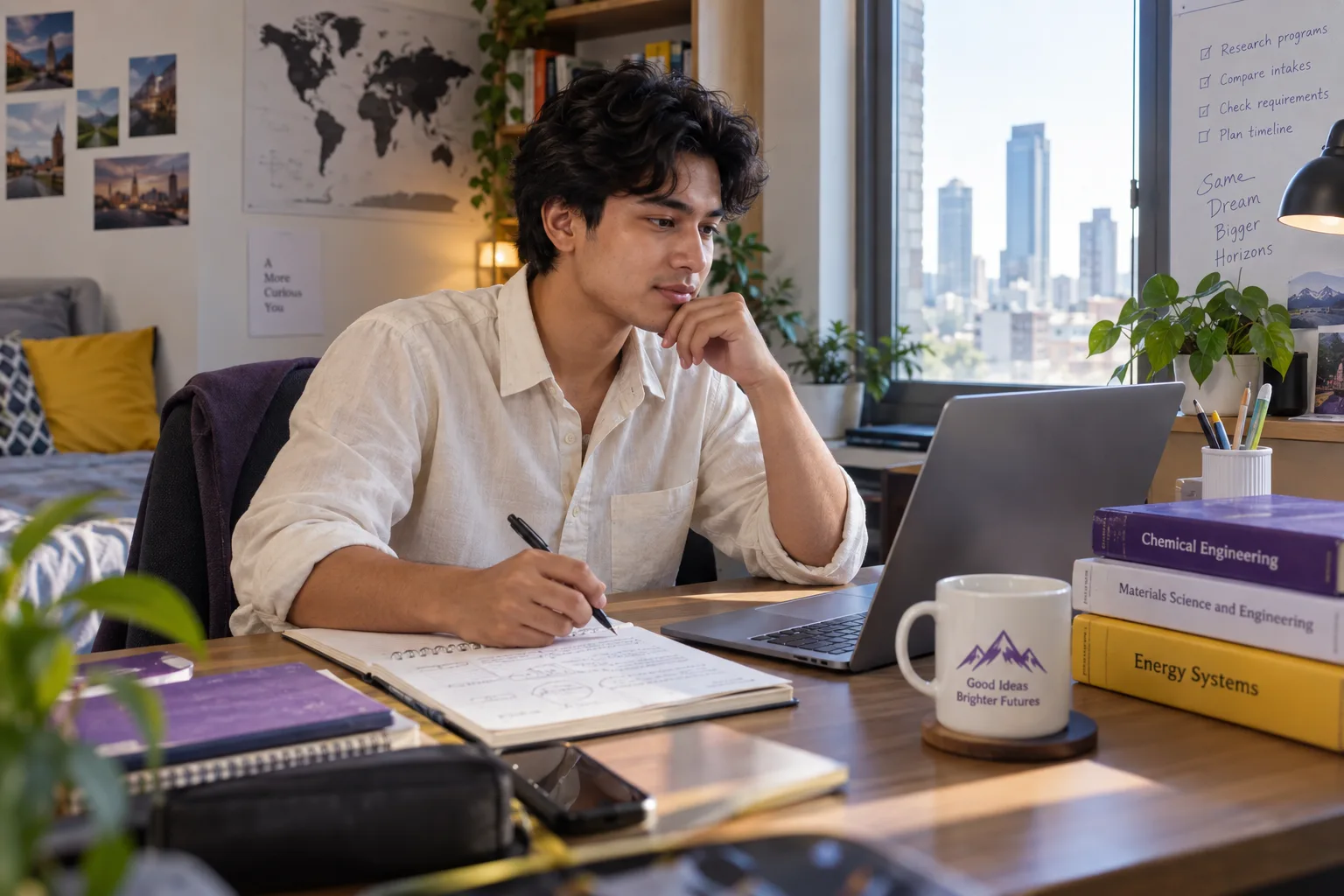Young Nepali man with wavy hair comparing US university courses and intake options using a laptop and notebook