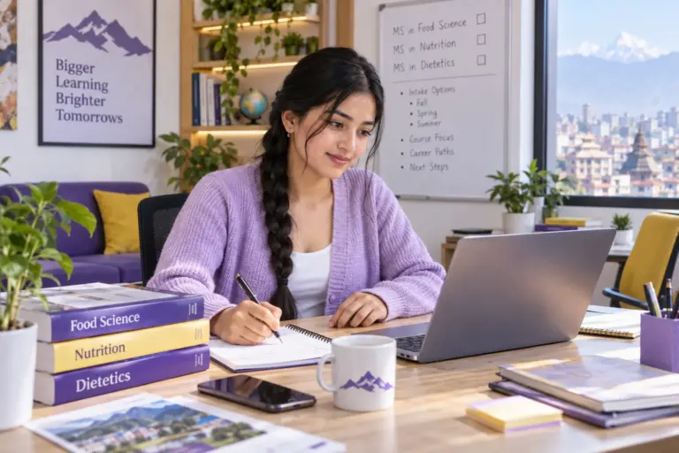 Young Nepali woman with a long braid comparing US university courses and intake options using a laptop and notebook
