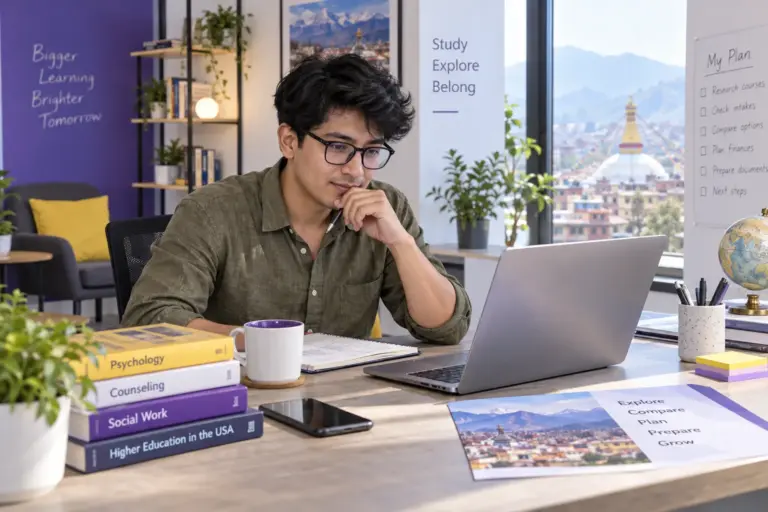 Young Nepali man with glasses comparing US university courses and intake options using a laptop and notebook