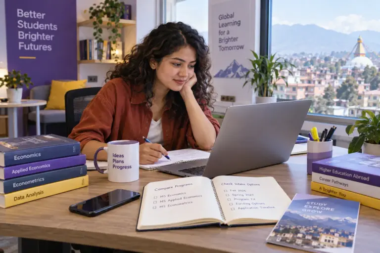 Young Nepali woman with curly hair comparing US university courses and intake options using a laptop and notebook