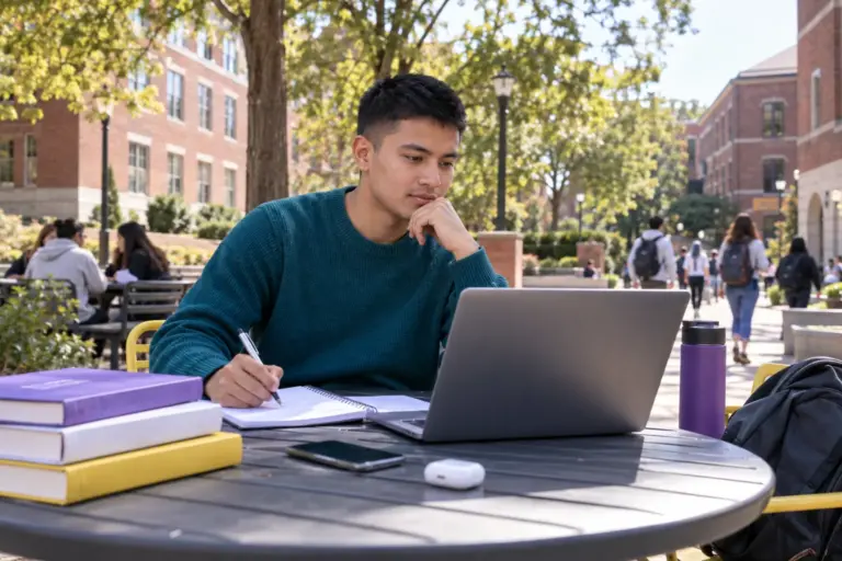 Young Nepali man with cropped hair comparing US university courses and intake options using a laptop and notebook