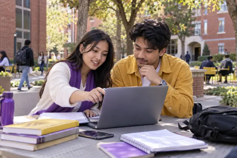 Two Nepali students, one woman and one man comparing US university courses and intake options using a laptop and notebook