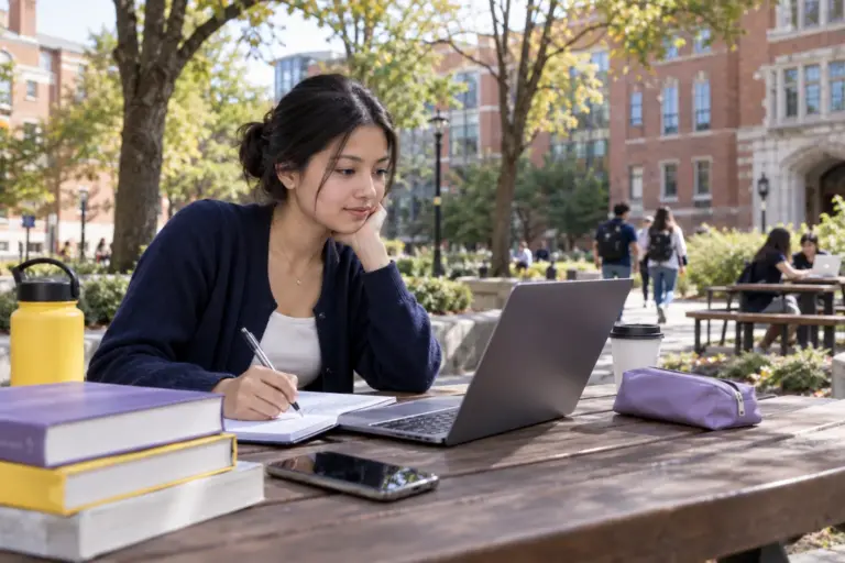 Young Nepali woman with tied-back hair comparing US university courses and intake options using a laptop and notebook