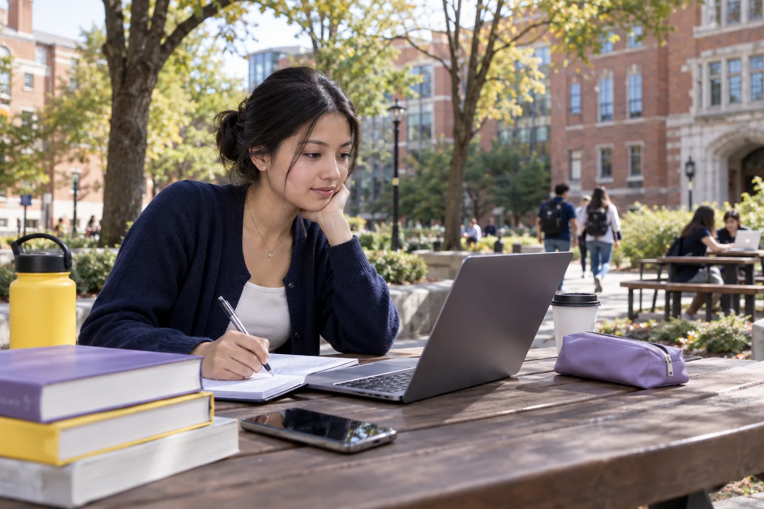 Young Nepali woman with tied-back hair comparing US university courses and intake options using a laptop and notebook