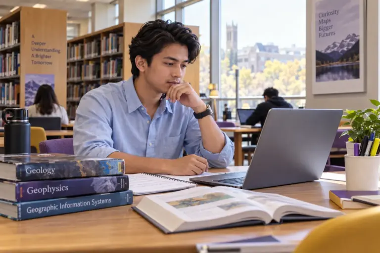 Young Nepali man with swept-back hair comparing US university courses and intake options using a laptop and notebook