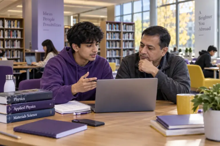 Nepali student discussing plans with a parent comparing US university courses and intake options using a laptop and notebook