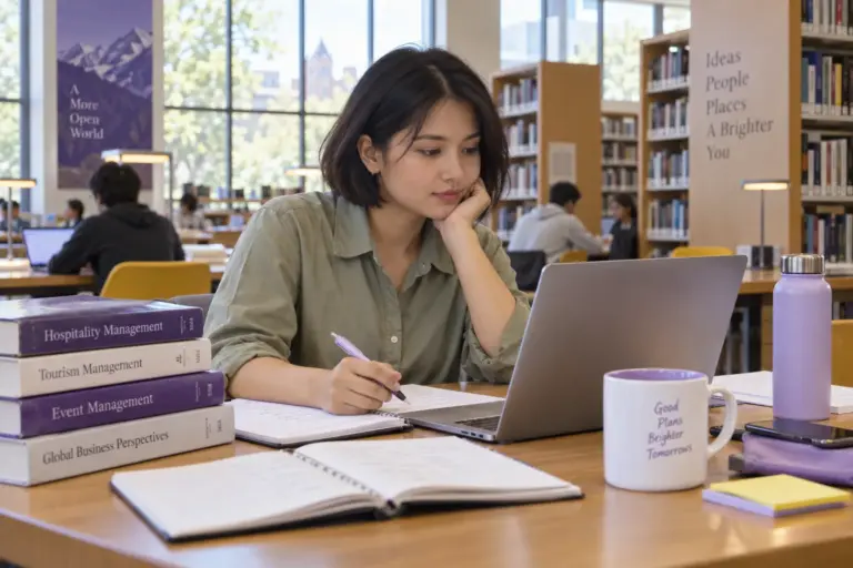 Young Nepali woman with a short bob comparing US university courses and intake options using a laptop and notebook