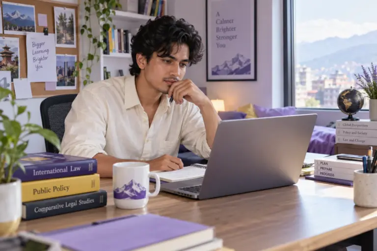 Young Nepali man with wavy hair comparing US university courses and intake options using a laptop and notebook