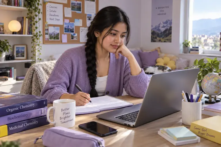 Young Nepali woman with a long braid comparing US university courses and intake options using a laptop and notebook