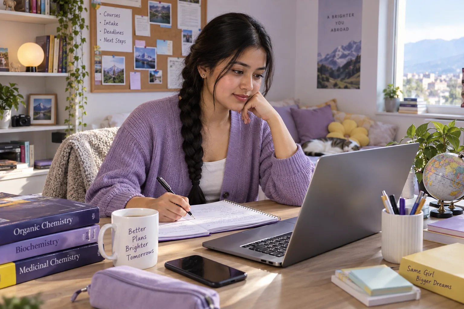 Young Nepali woman with a long braid comparing US university courses and intake options using a laptop and notebook