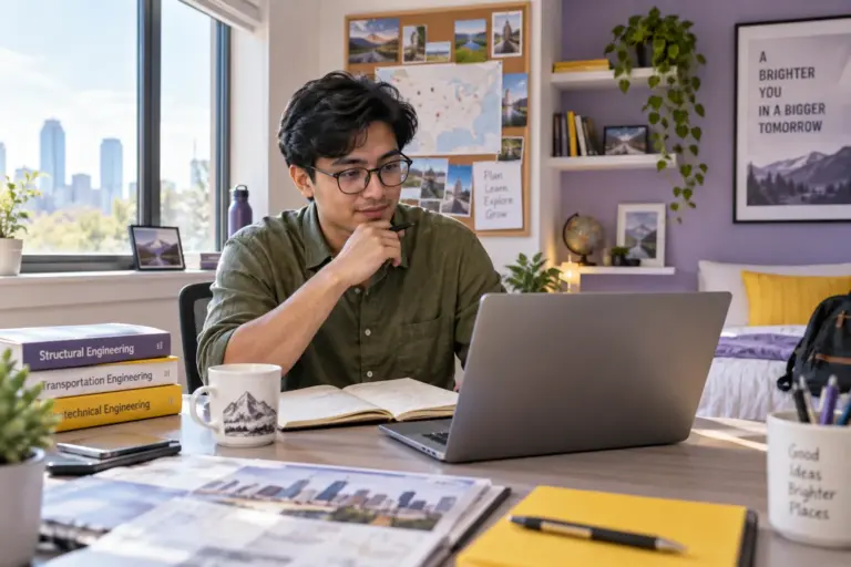 Young Nepali man with glasses planning student accommodation and everyday campus life with a notebook and laptop in a welcoming US study setting