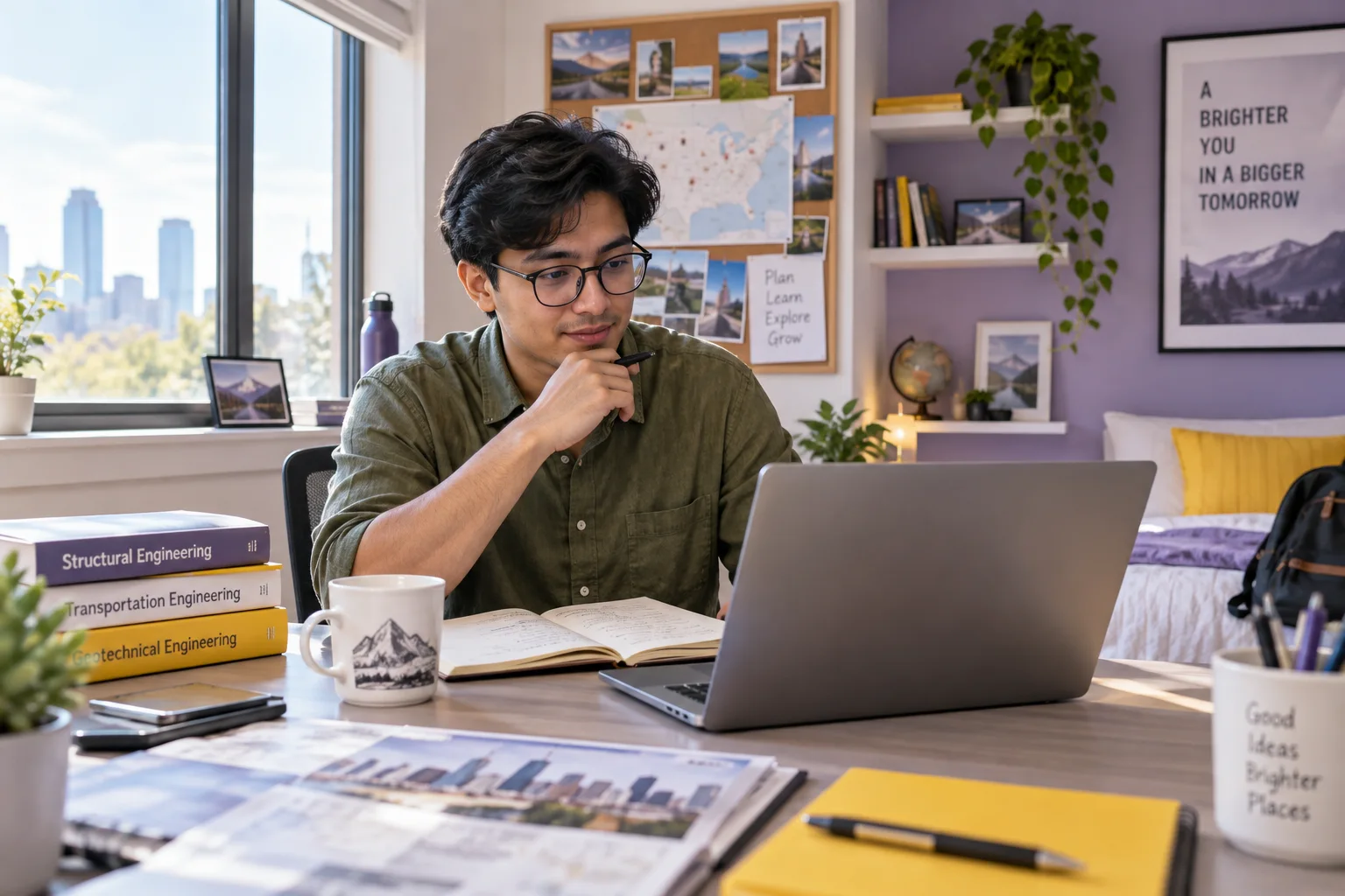 Young Nepali man with glasses planning student accommodation and everyday campus life with a notebook and laptop in a welcoming US study setting