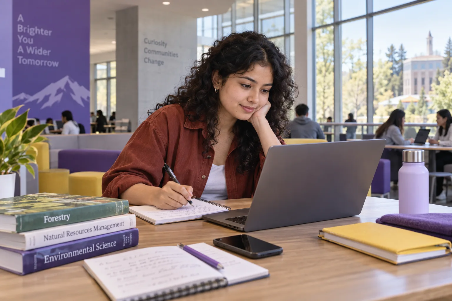 Young Nepali woman with curly hair comparing US university courses and intake options using a laptop and notebook