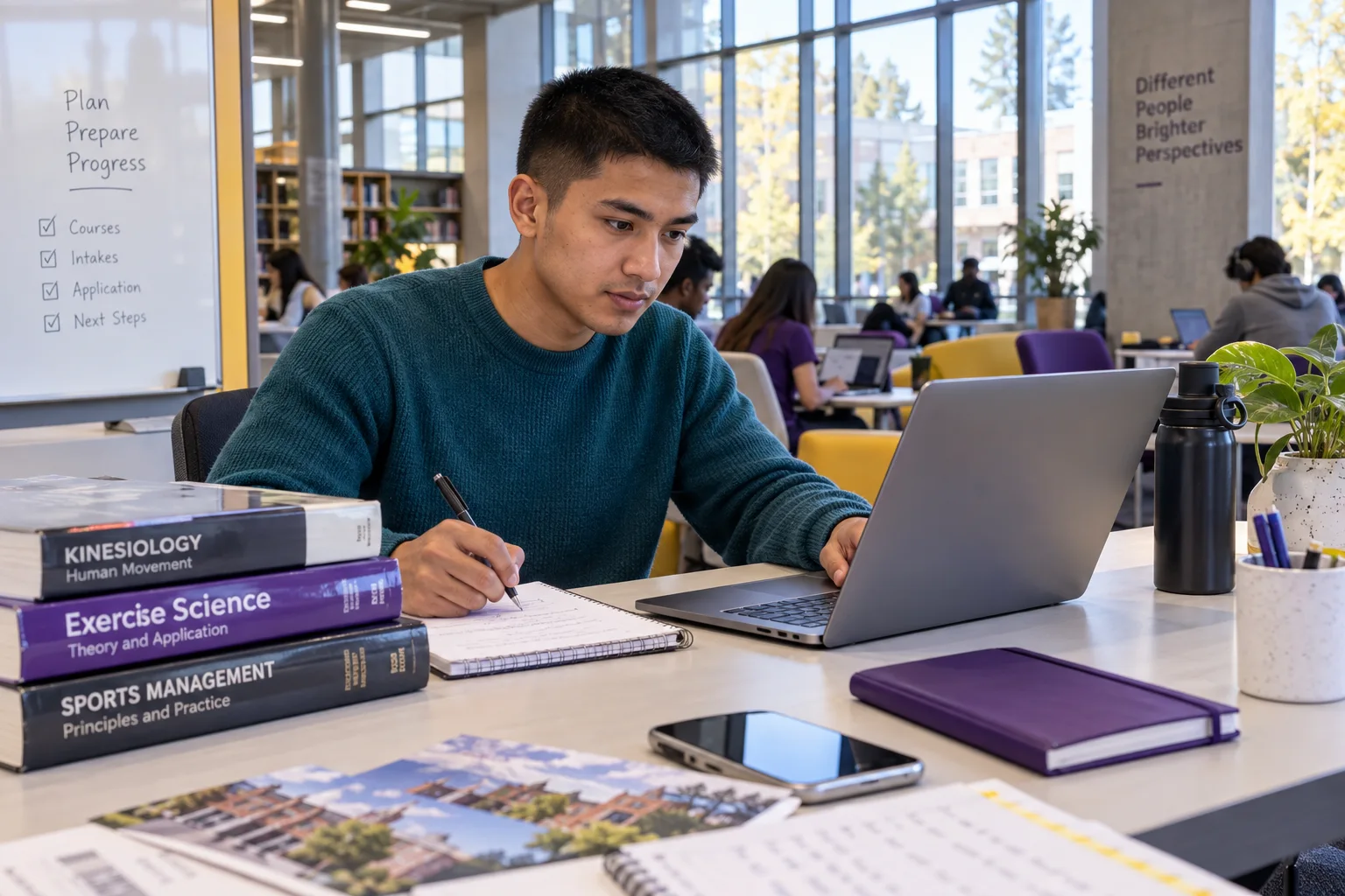 Young Nepali man with cropped hair comparing US university courses and intake options using a laptop and notebook