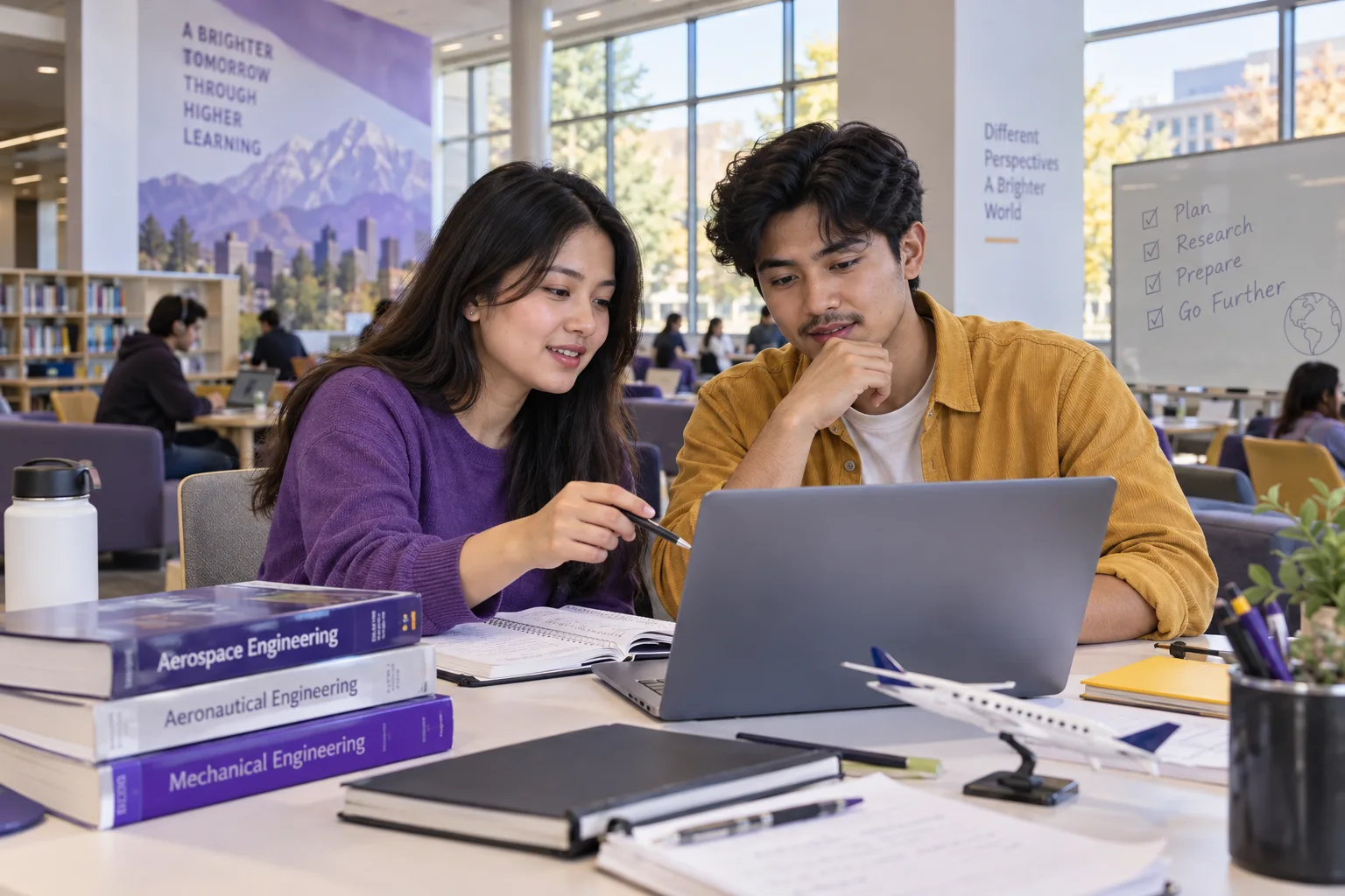 Two Nepali students, one woman and one man comparing US university courses and intake options using a laptop and notebook
