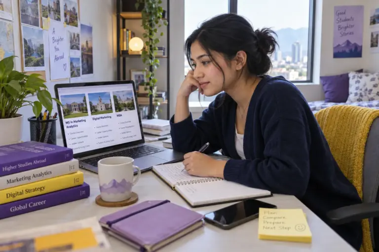 Young Nepali woman with tied-back hair comparing US university courses and intake options using a laptop and notebook