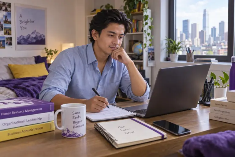 Young Nepali man with swept-back hair comparing US university courses and intake options using a laptop and notebook