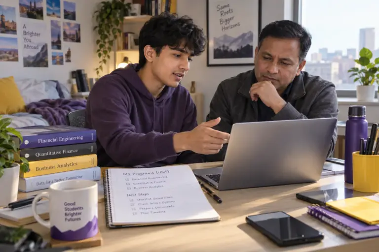 Nepali student discussing plans with a parent comparing US university courses and intake options using a laptop and notebook