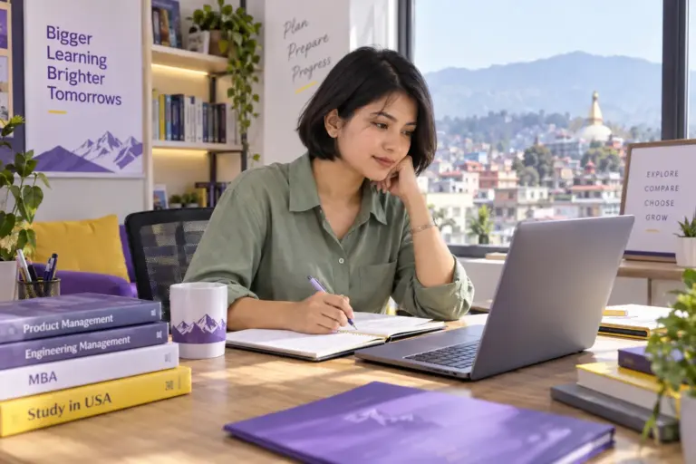 Young Nepali woman with a short bob comparing US university courses and intake options using a laptop and notebook