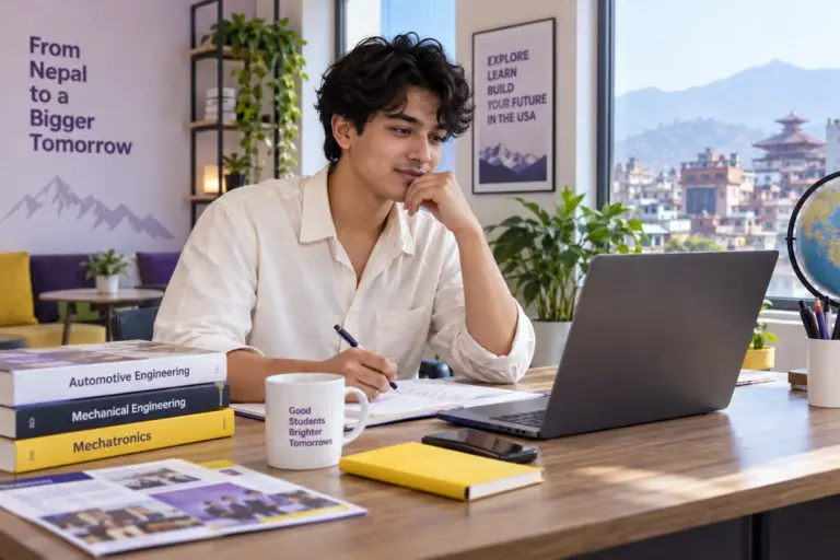 Young Nepali man with wavy hair comparing US university courses and intake options using a laptop and notebook
