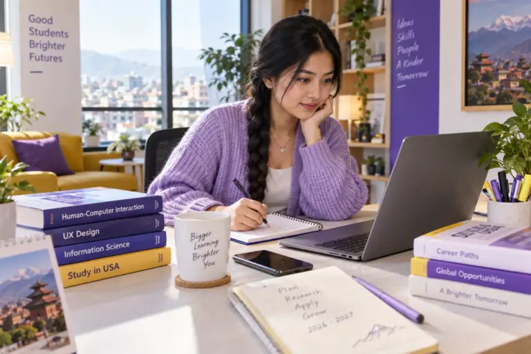 Young Nepali woman with a long braid comparing US university courses and intake options using a laptop and notebook