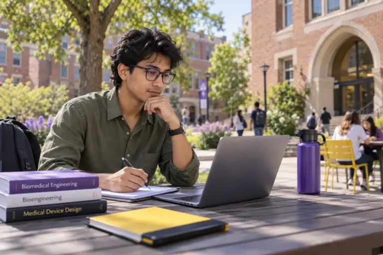 Young Nepali man with glasses comparing US university courses and intake options using a laptop and notebook