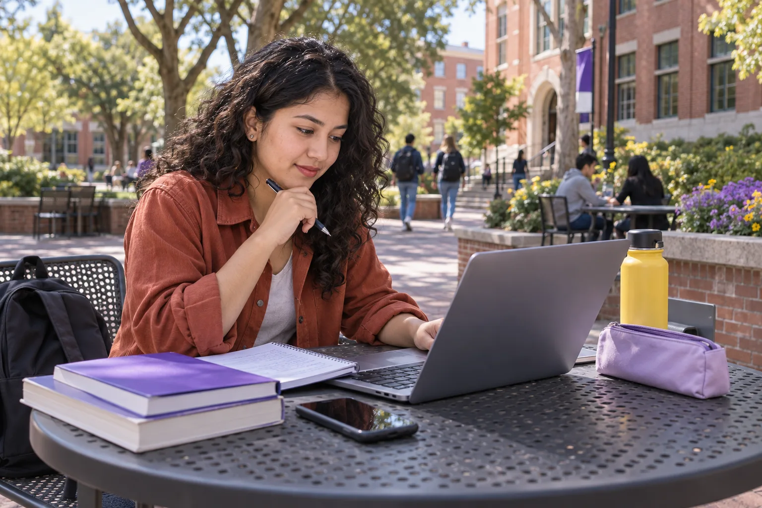 Young Nepali woman with curly hair comparing US university courses and intake options using a laptop and notebook