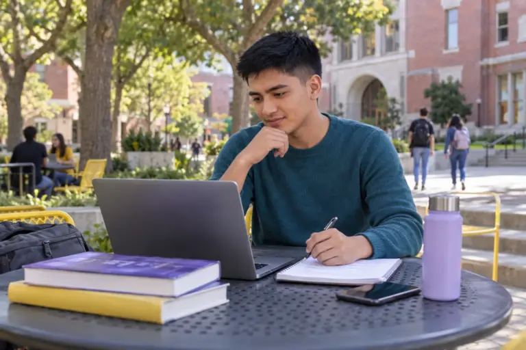 Young Nepali man with cropped hair comparing US university courses and intake options using a laptop and notebook