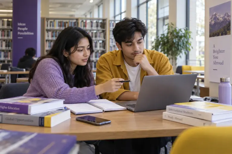 Two Nepali students, one woman and one man comparing US university courses and intake options using a laptop and notebook