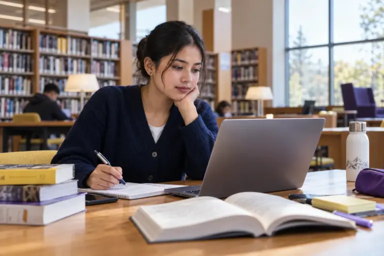 Young Nepali woman with tied-back hair comparing US university courses and intake options using a laptop and notebook