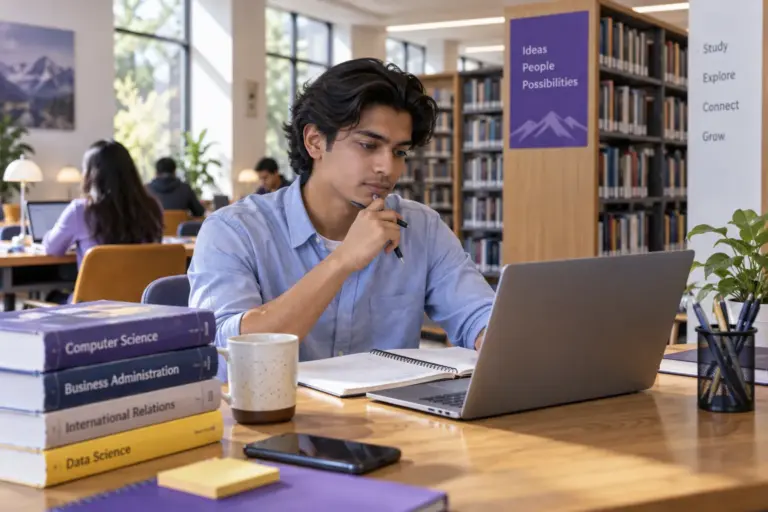 Young Nepali man with swept-back hair comparing US university courses and intake options using a laptop and notebook