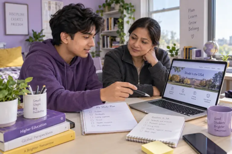 Nepali student discussing plans with a parent comparing a personal study budget worksheet and university tuition information on a laptop