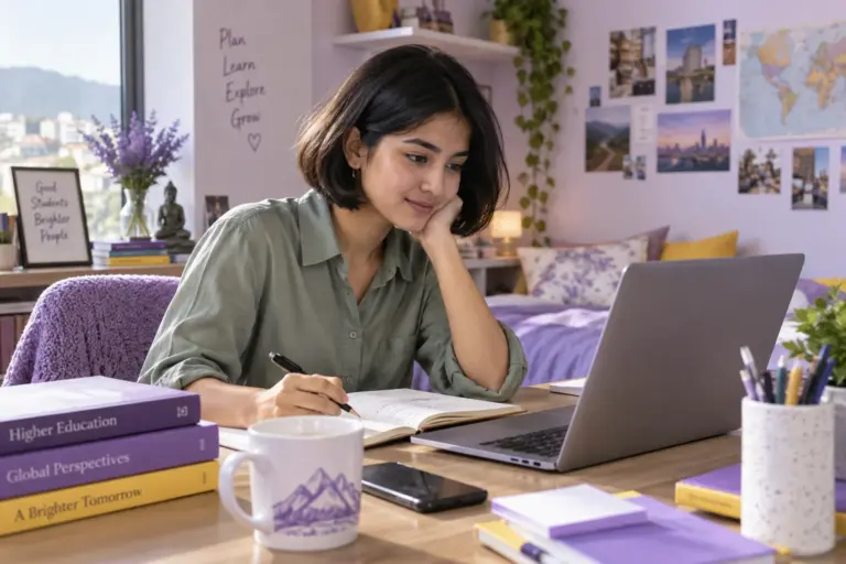 Young Nepali woman with a short bob comparing US university courses and intake options using a laptop and notebook