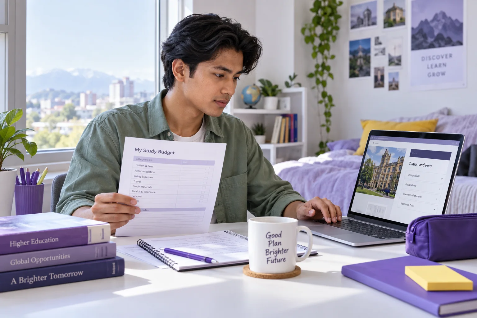 Nepali student comparing a personal study budget worksheet and university tuition information on a laptop