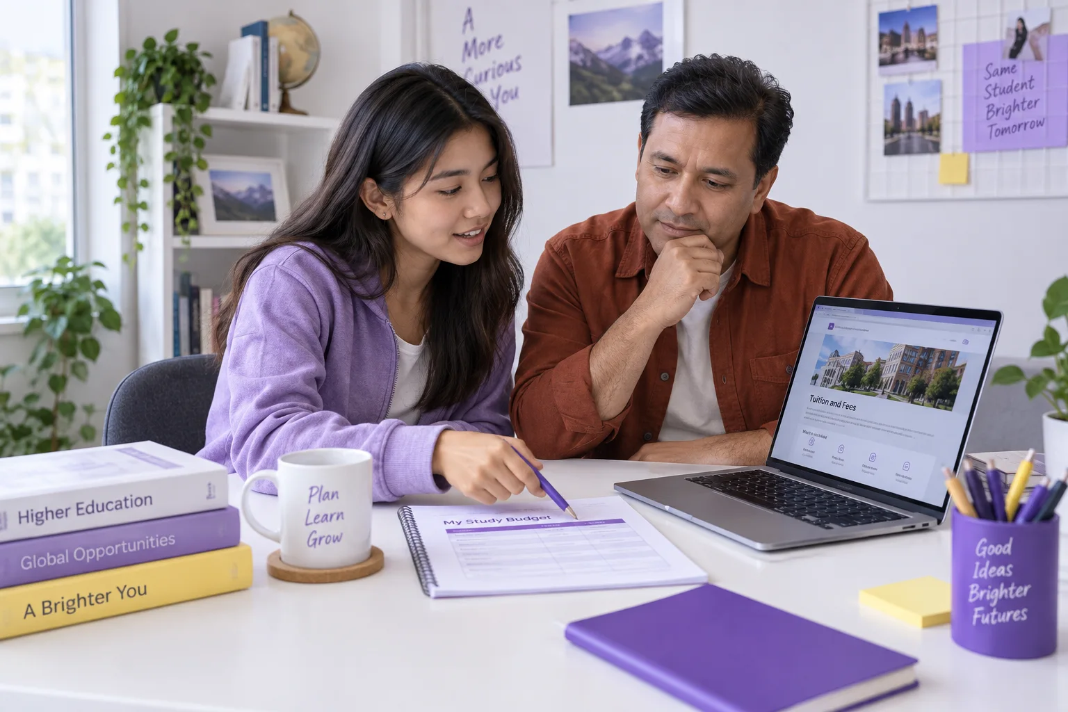 Nepali student comparing a personal study budget worksheet and university tuition information on a laptop