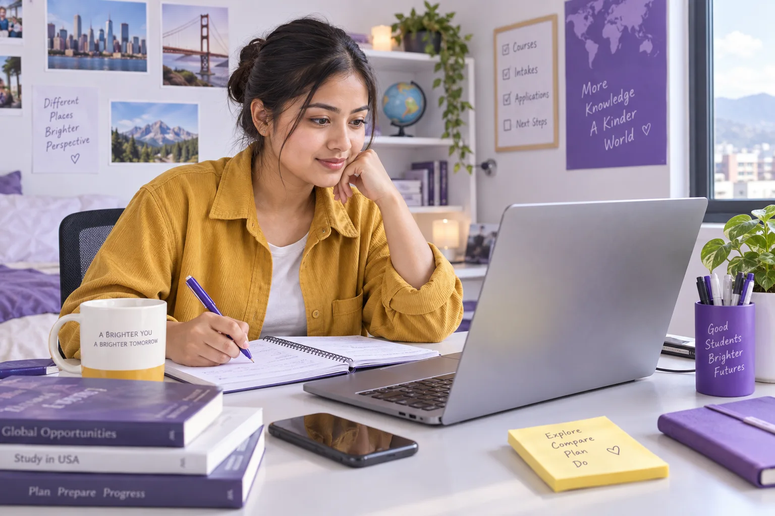 Nepali student comparing US university courses and intake options using a laptop and notebook