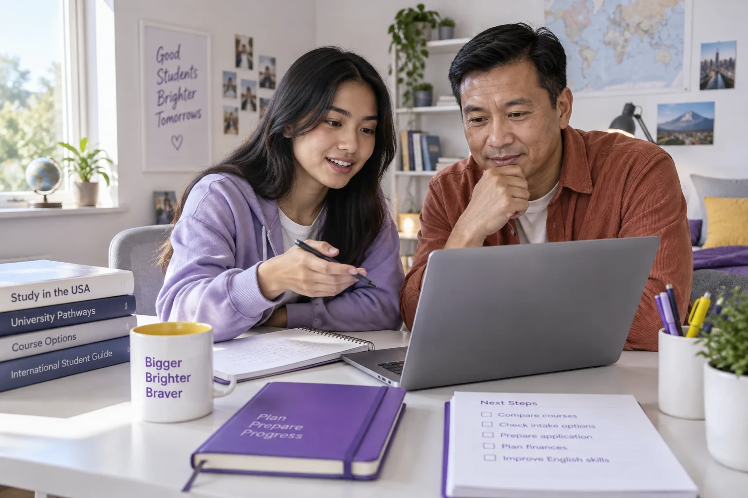 Nepali student comparing US university courses and intake options using a laptop and notebook
