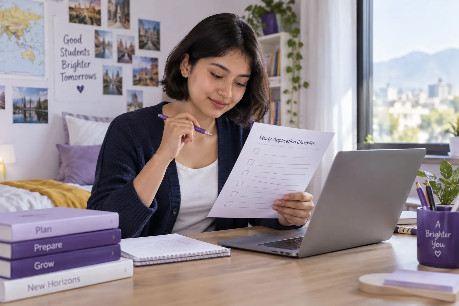 Nepali student reviewing an unbranded study application document checklist with a laptop