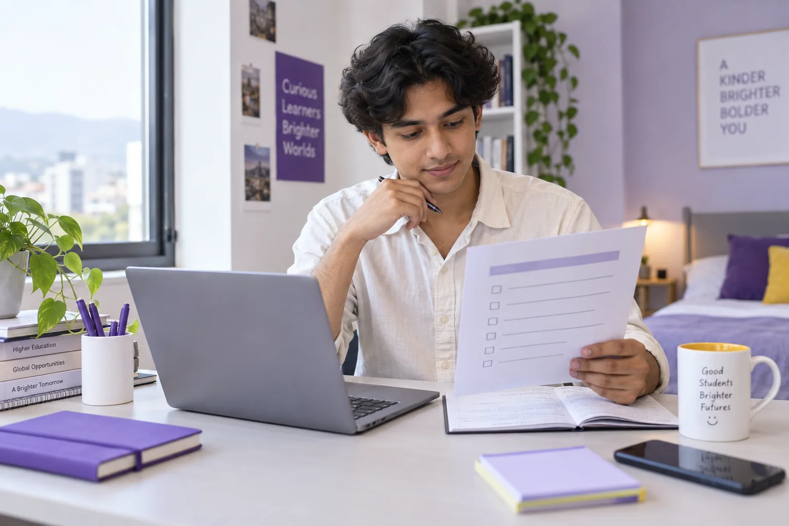 Nepali student reviewing an unbranded study application document checklist with a laptop