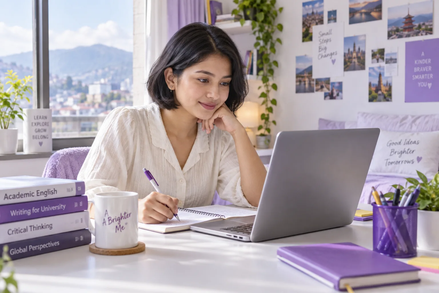 Nepali student practising English writing or reading on a laptop beside study books, as preparation for US university study