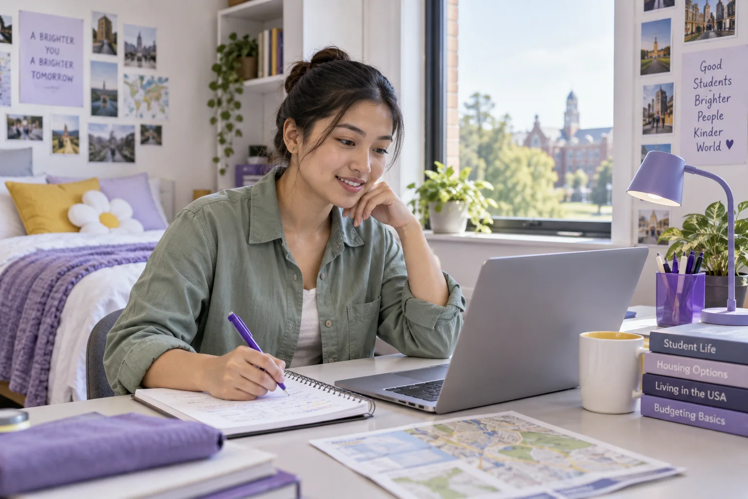 Nepali student planning student accommodation and everyday campus life with a notebook and laptop in a welcoming US study setting