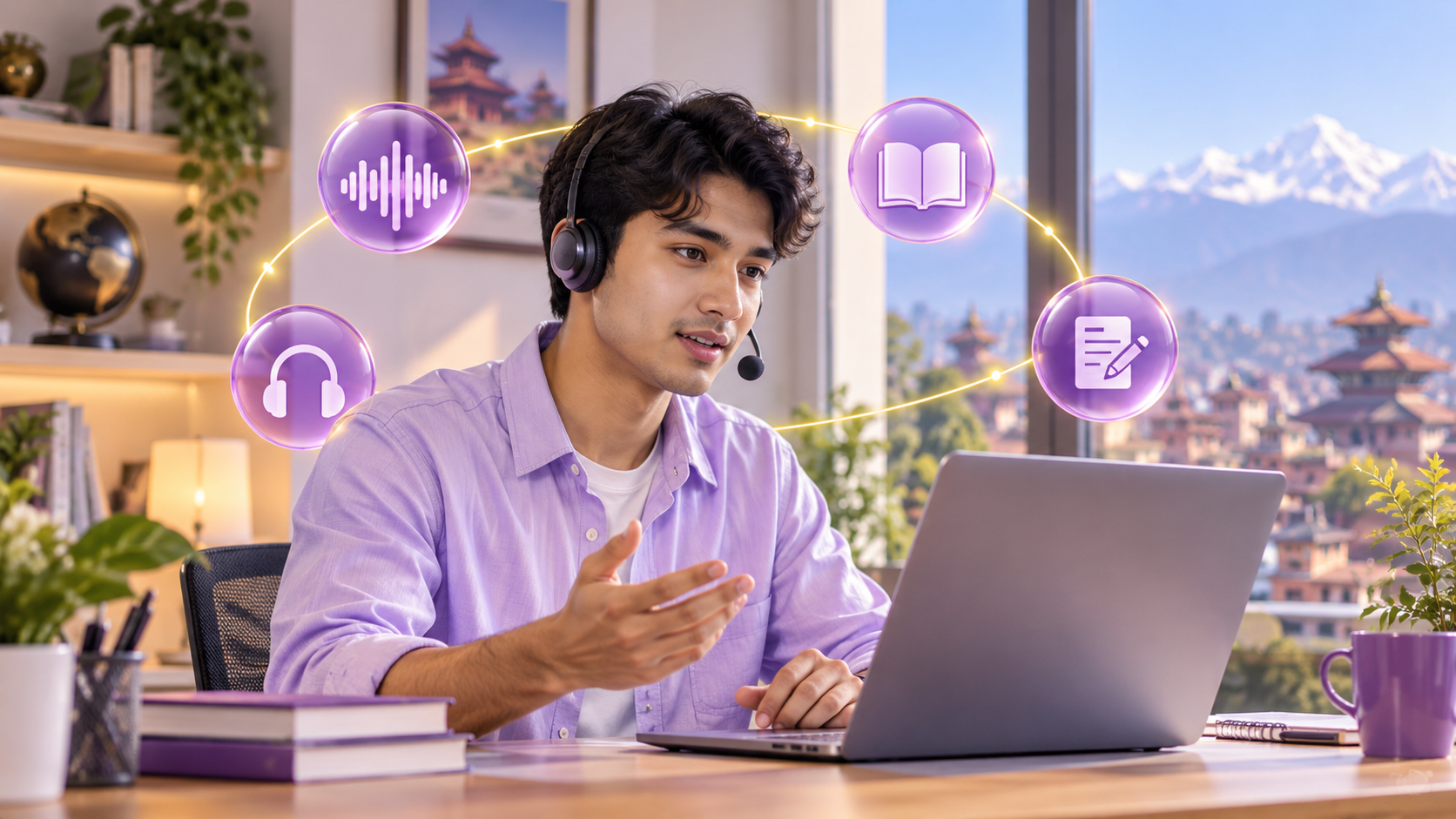 Duolingo English Test student practising English skills with a headset and laptop