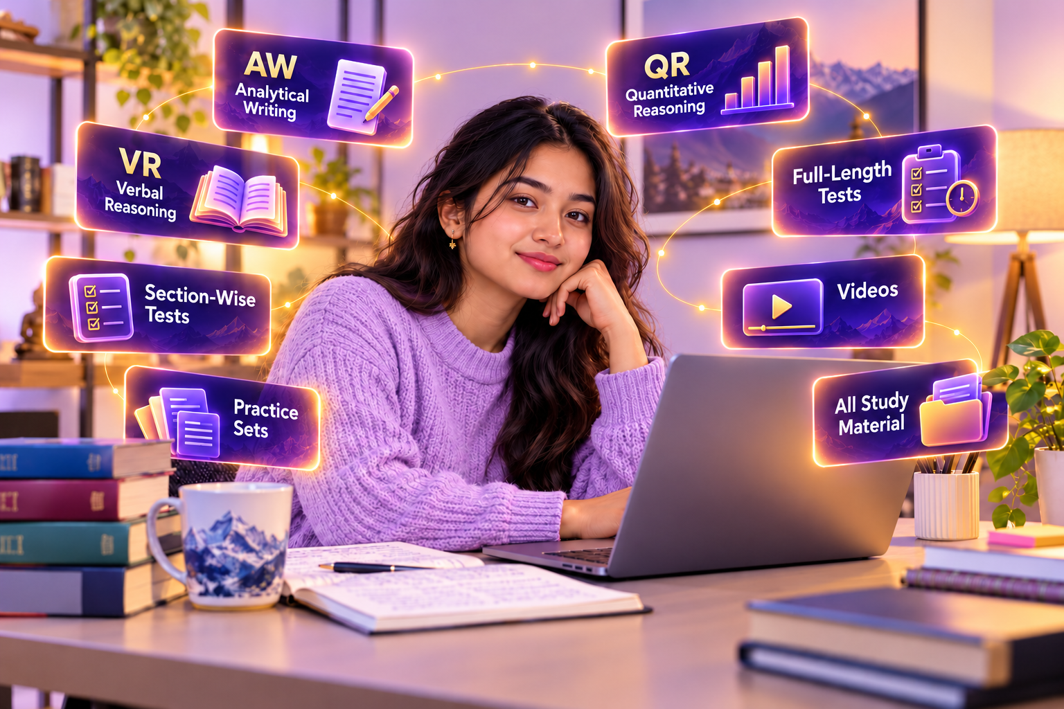 GRE student in a light lilac sweater surrounded by floating palettes for AW, QR, VR, full-length tests, section-wise tests, videos, practice sets and all study material
