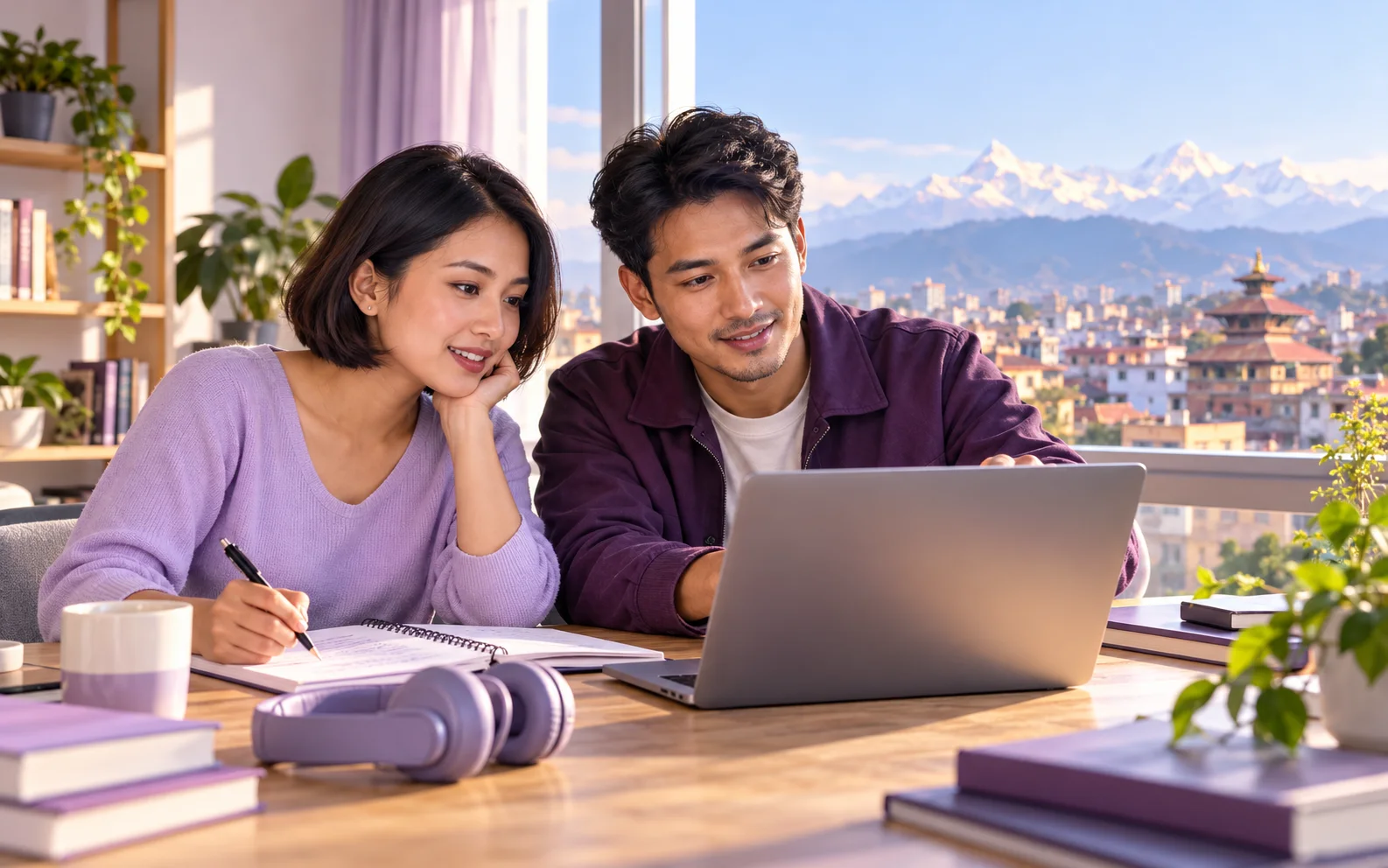 Illustration of two adult Nepali learners practising IELTS together on a laptop in a bright Kathmandu study room