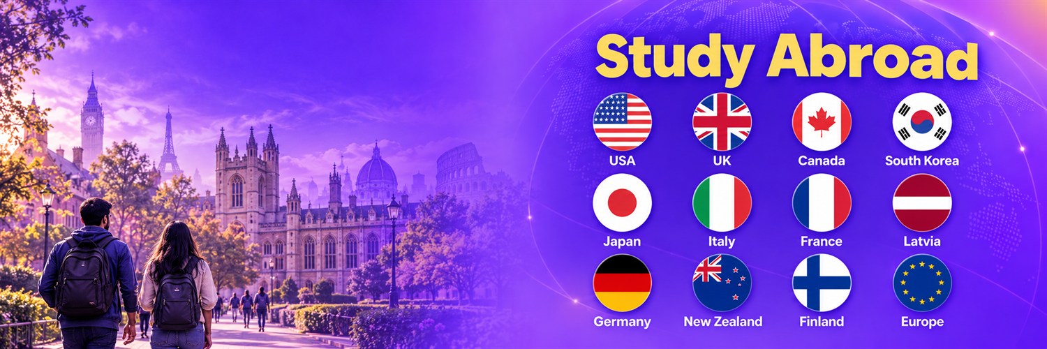 Illustrative AI campus scene with flags for USA, UK, Canada, South Korea, Japan, Italy, France, Latvia, Germany, New Zealand, Finland and Europe.